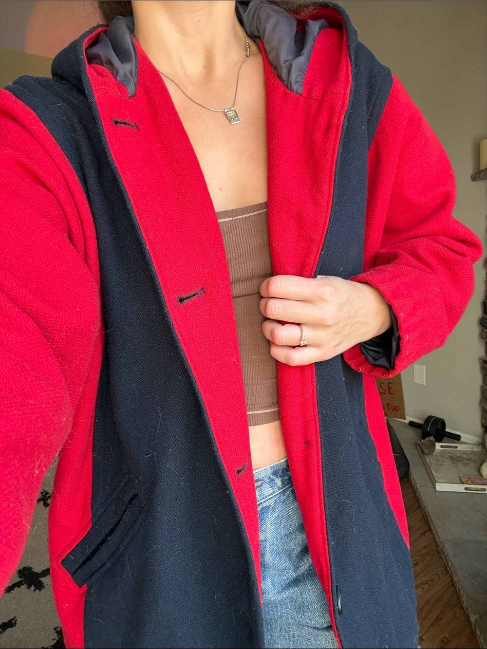 Vintage red and navy wool blend hooded coat